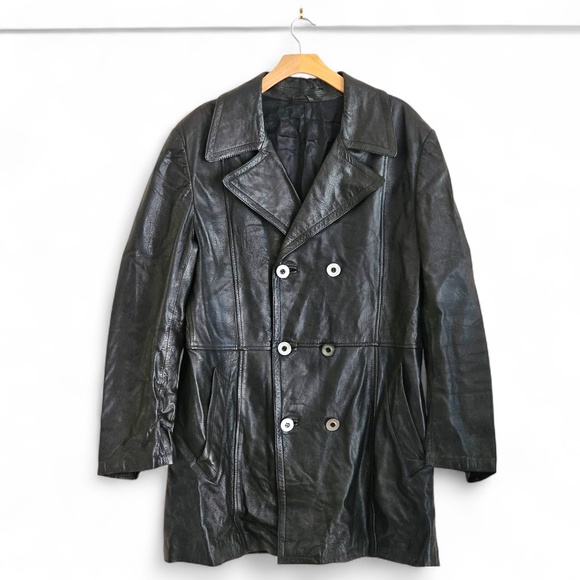 Vintage Black Double-Breasted Leather Coat – Men’s Size Large – Made in Italy - Picture 2 of 6